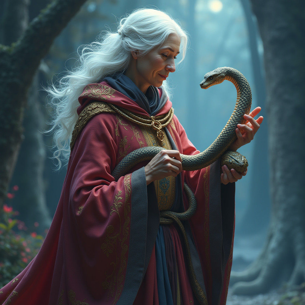 Mystical Priestess with Serpent in Dreamscape