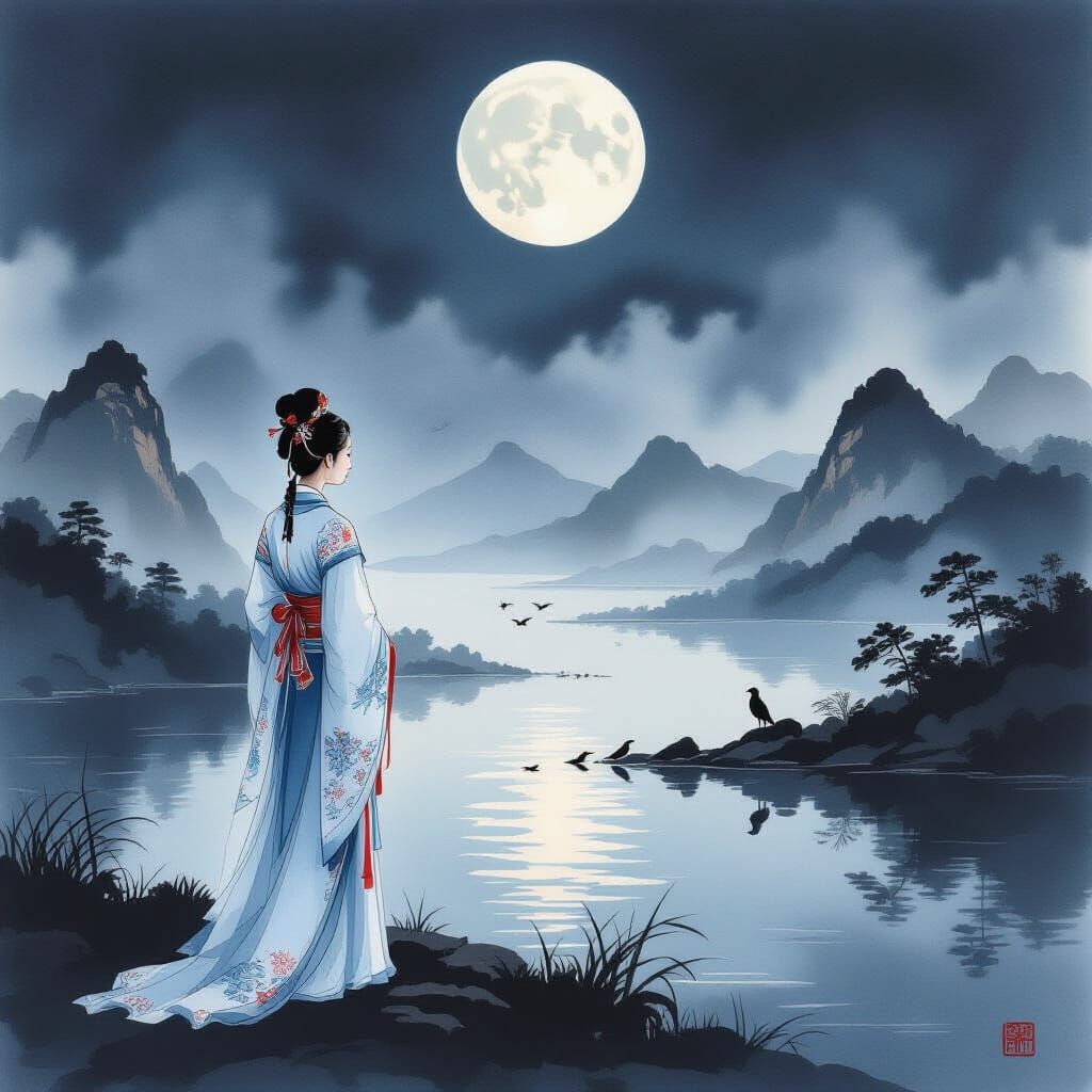 Chinese Woman by Shore: Watercolor Landscape