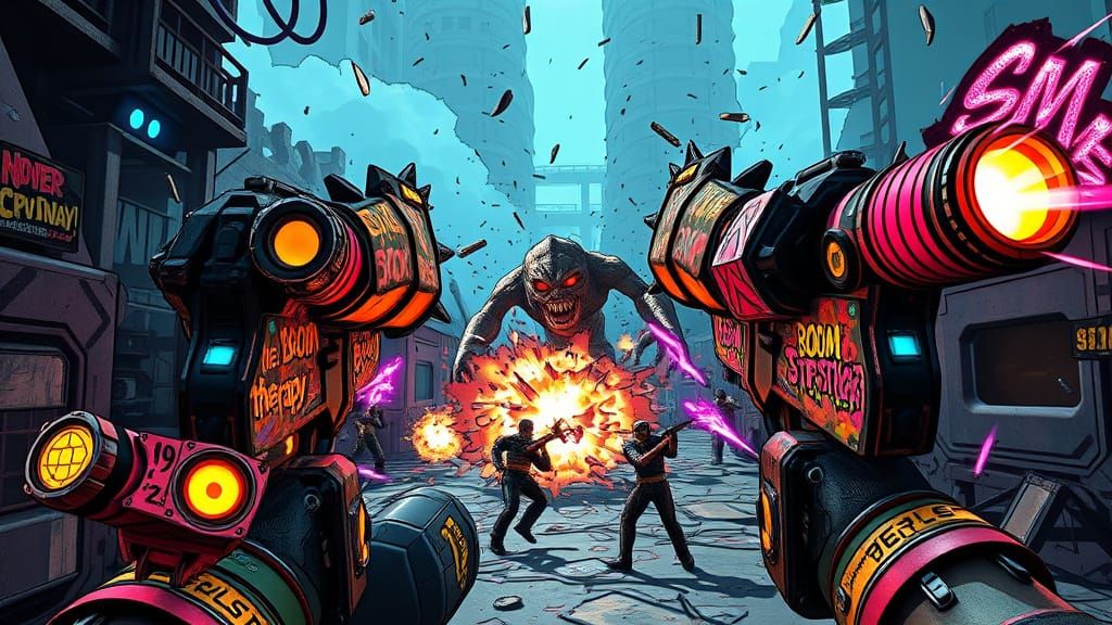 Post-Apocalyptic FPS Scene with Neon Weapons