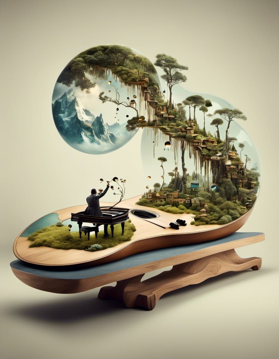 Double Exposure Guitar with Floating Treehouse