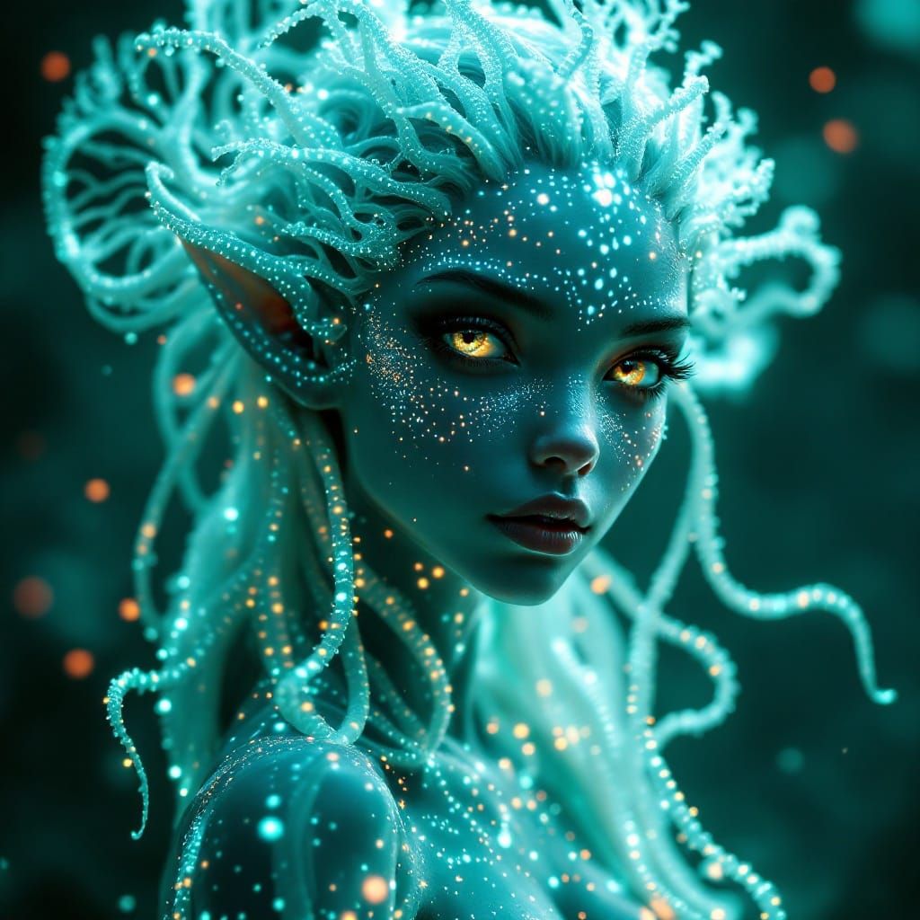 Glowing Atlantean Sea Siren in Retrofuturistic CGI