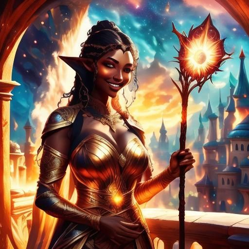 Elegant Black Elf Mage Gazing at Starry Sky