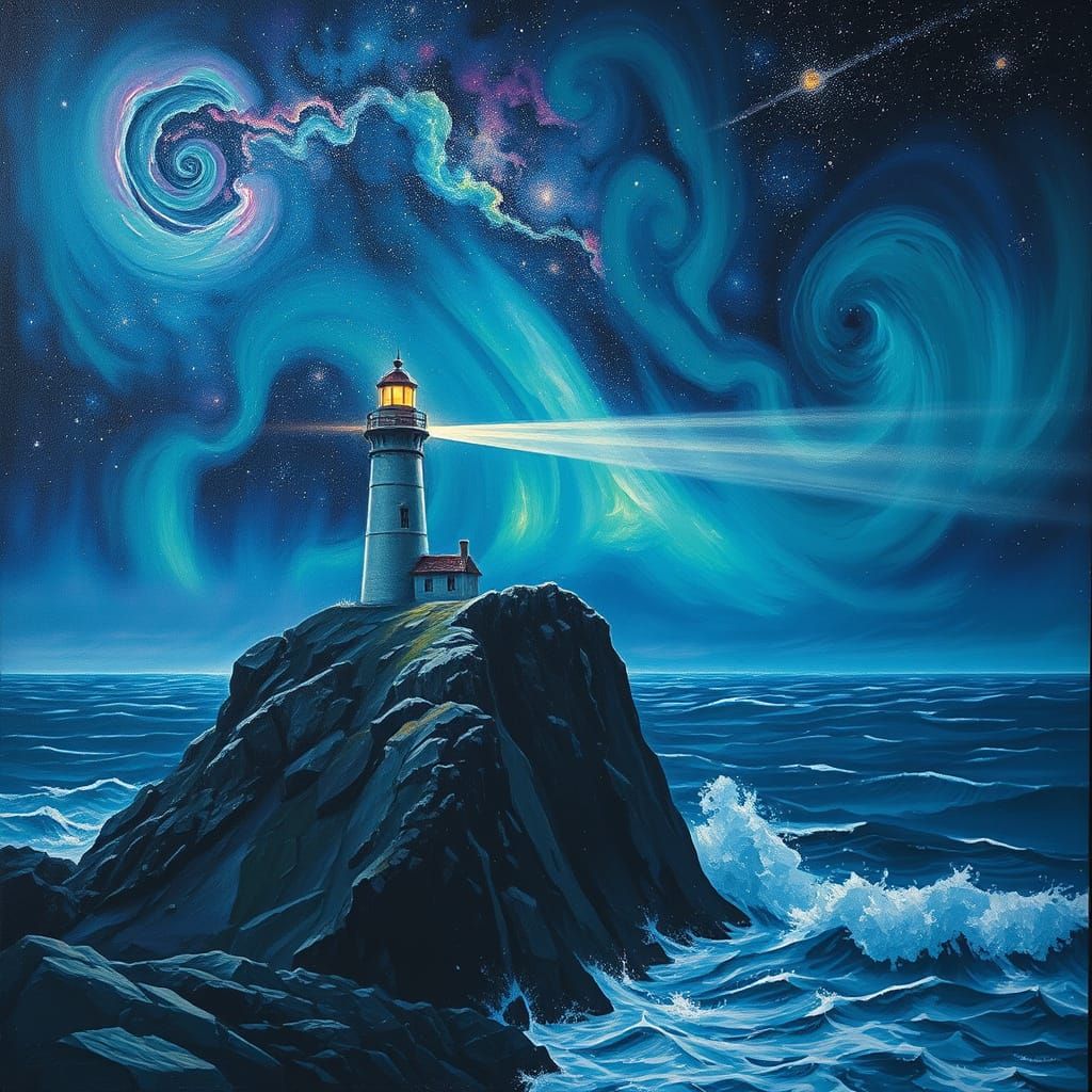 Lighthouse Amidst Cosmic Sky in Dark Fantasy Style