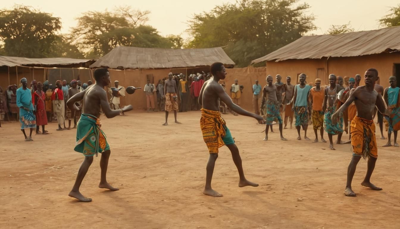Nigerian Village Sunset with Dambe Fighting Arena