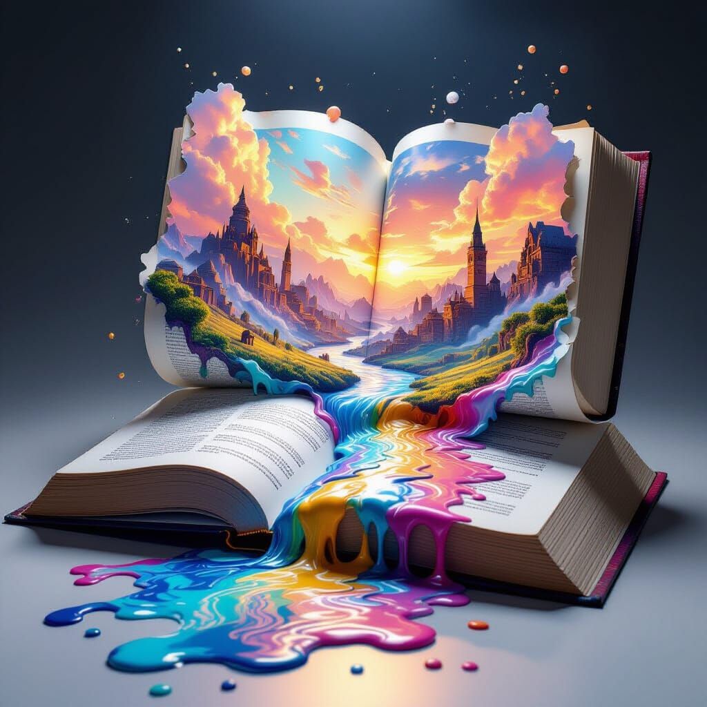 Open Book With 3D Story Worlds Melting Onto Table