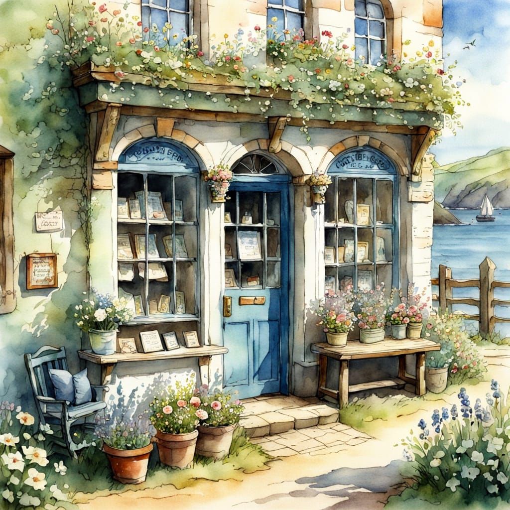 Quaint Seaside Post Office in Watercolour Style