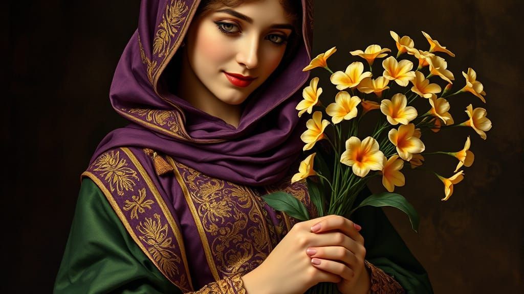 Woman in Regal Attire with Floral Bouquet