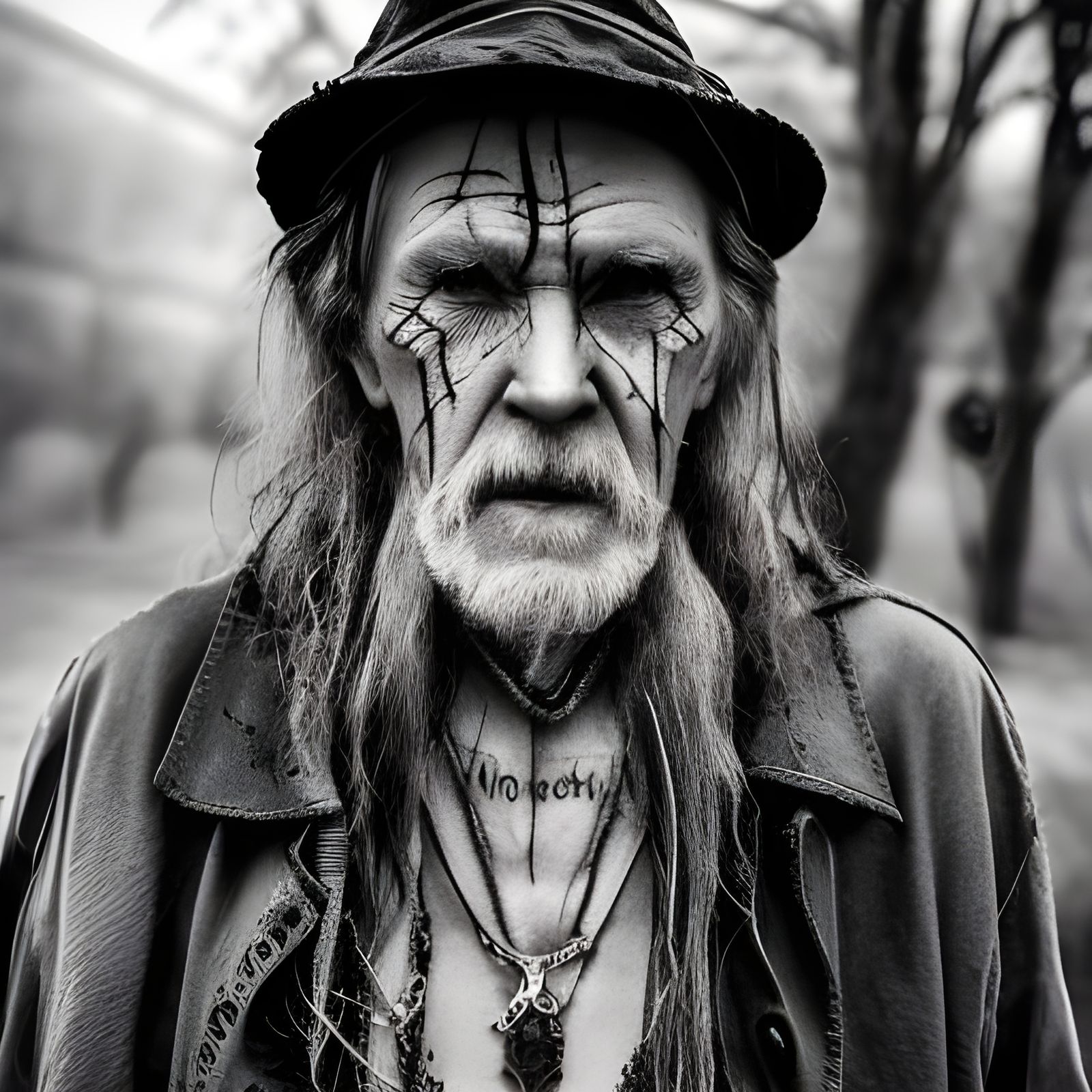 Mystical Man with Arcane Trinkets and Rune Tattoos