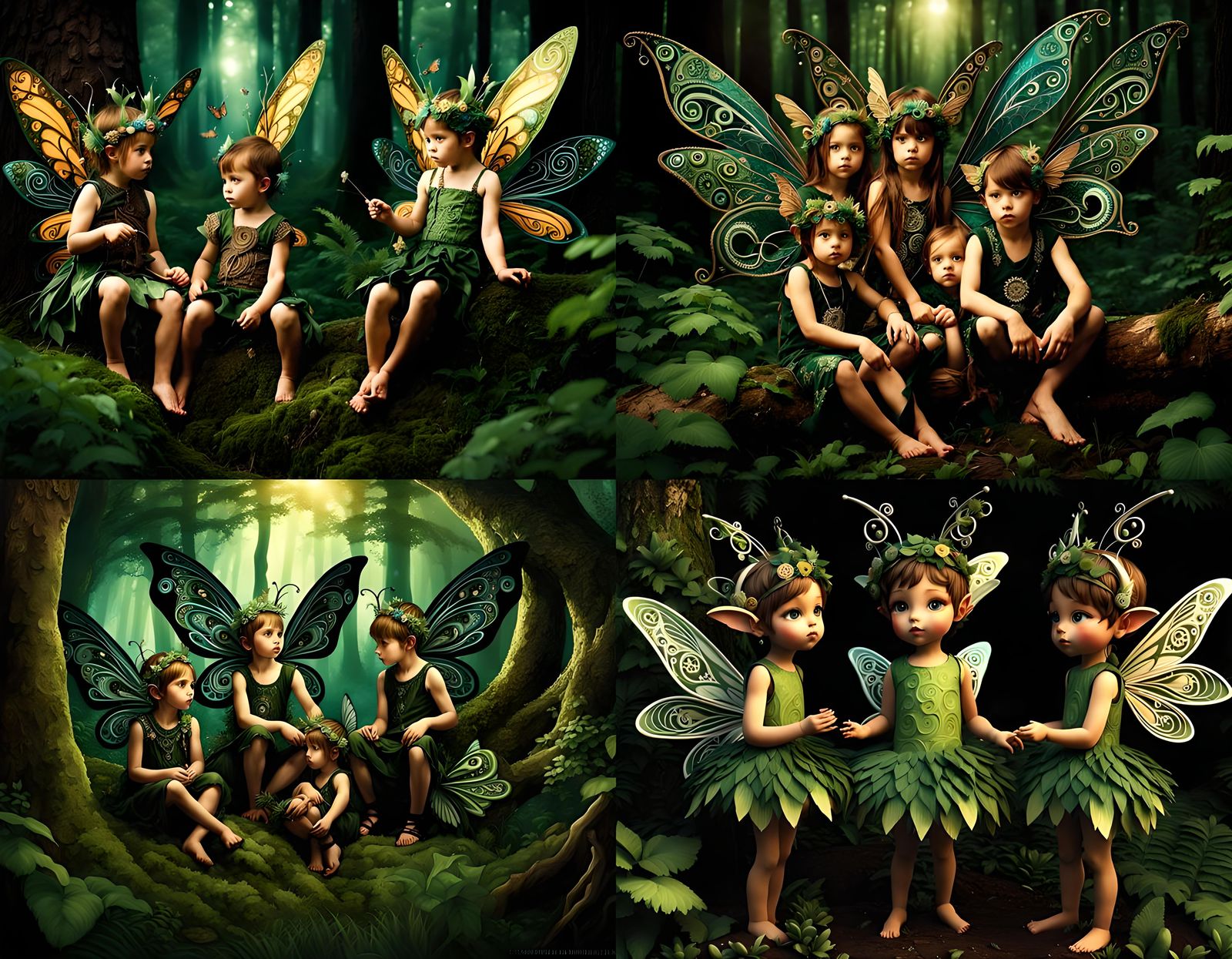 Impish Fairy Children Playing in Dark Forest, 3D Render