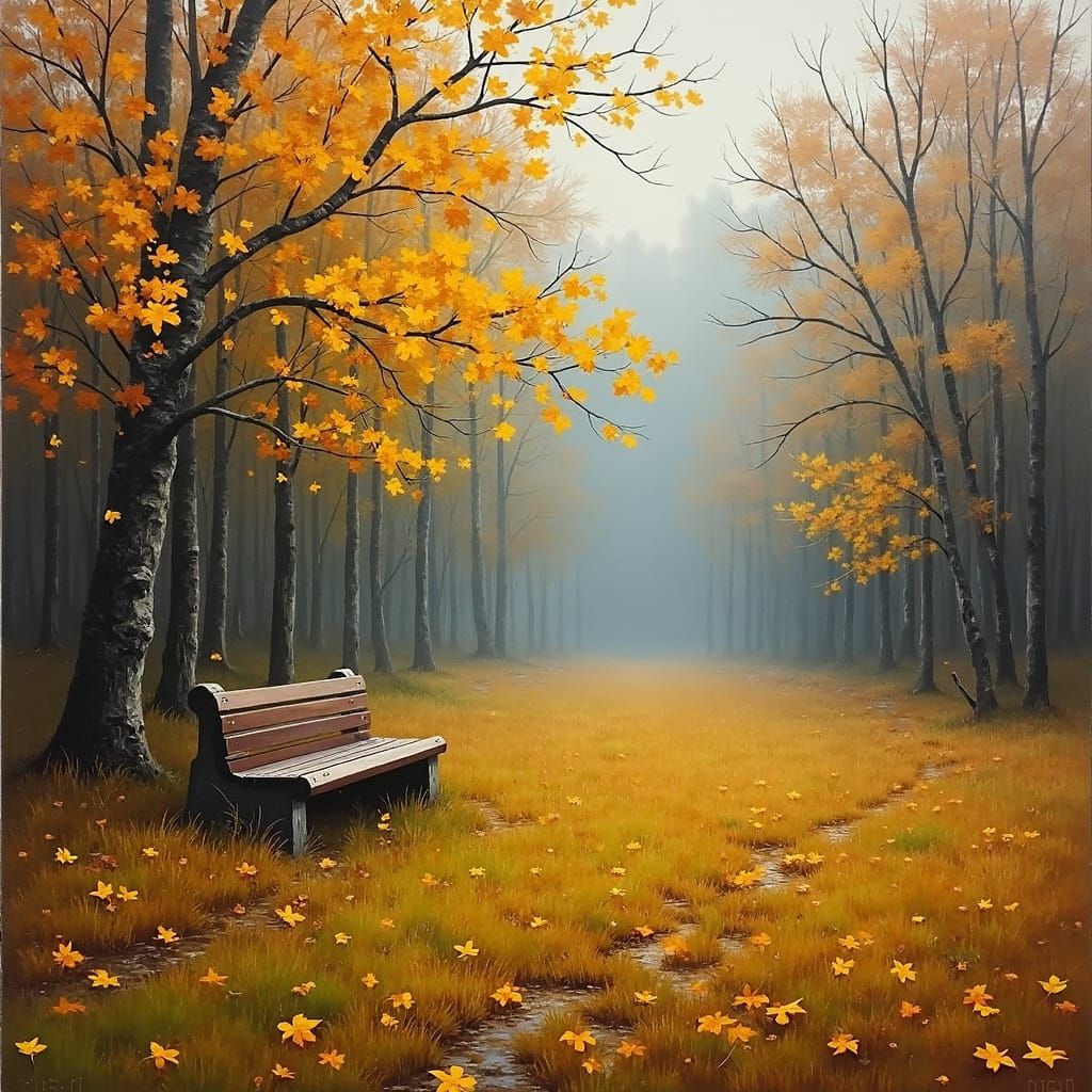 Rainy Autumn Forest Clearing in Impressionist Style