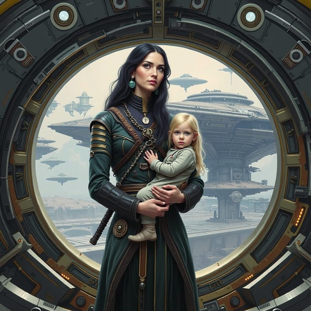 Goddess and Daughter in Sci-Fi Space Scene