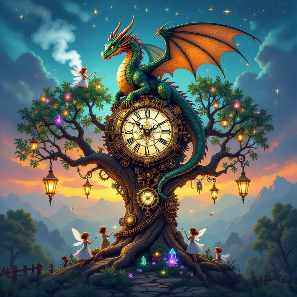 Steampunk Dragon and Clockwork Tree with Fairies