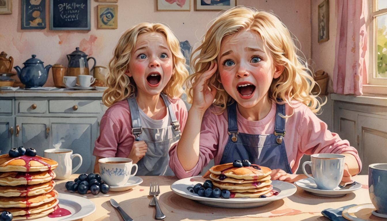Girl Yawning at Pancakes in Hyperrealistic Cartoon