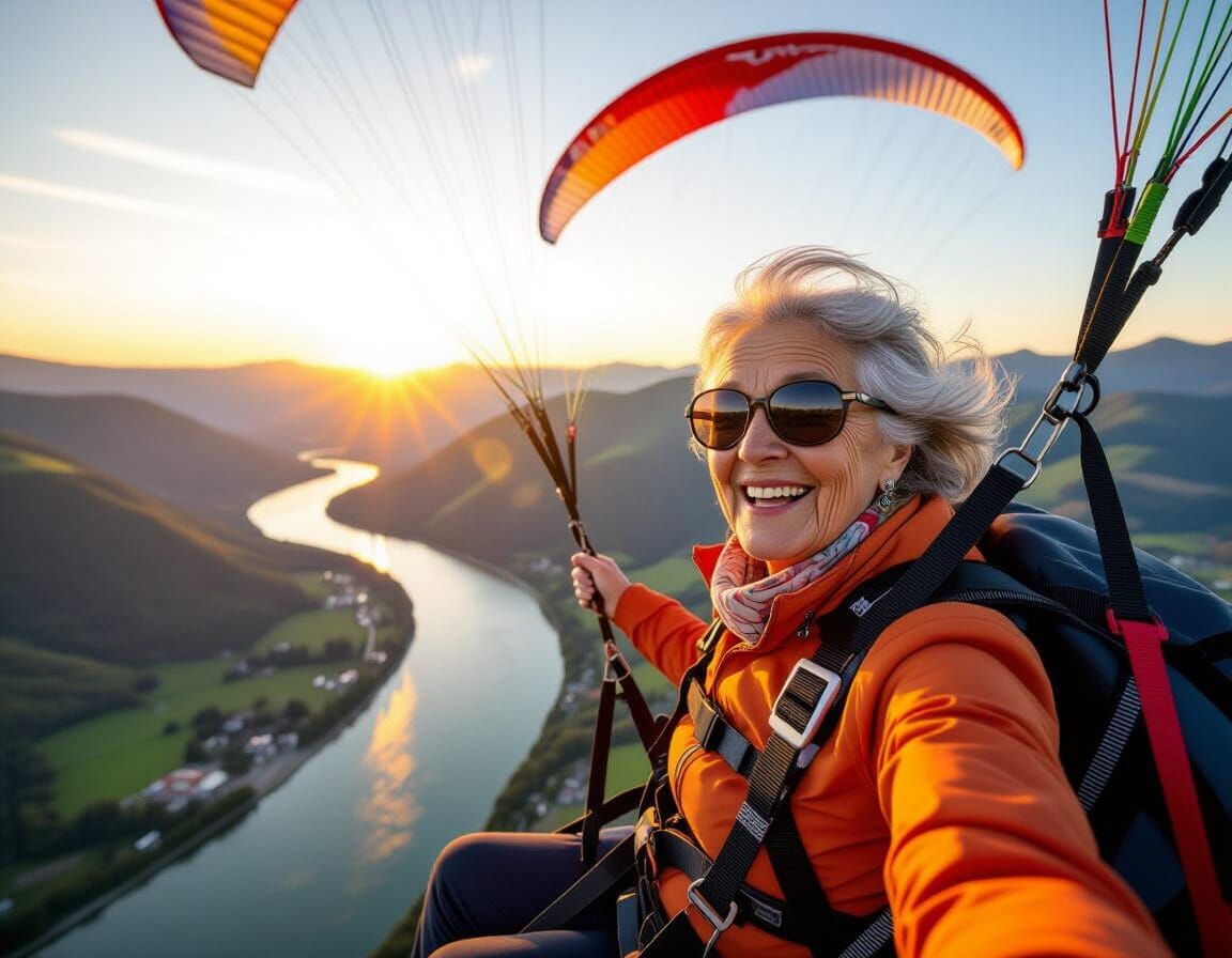 Excited Elderly Woman Paragliding Over River Valley