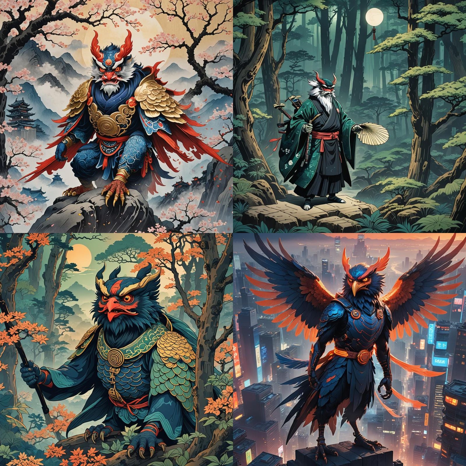 Futuristic Tengu in Japanese Woodblock Print Style