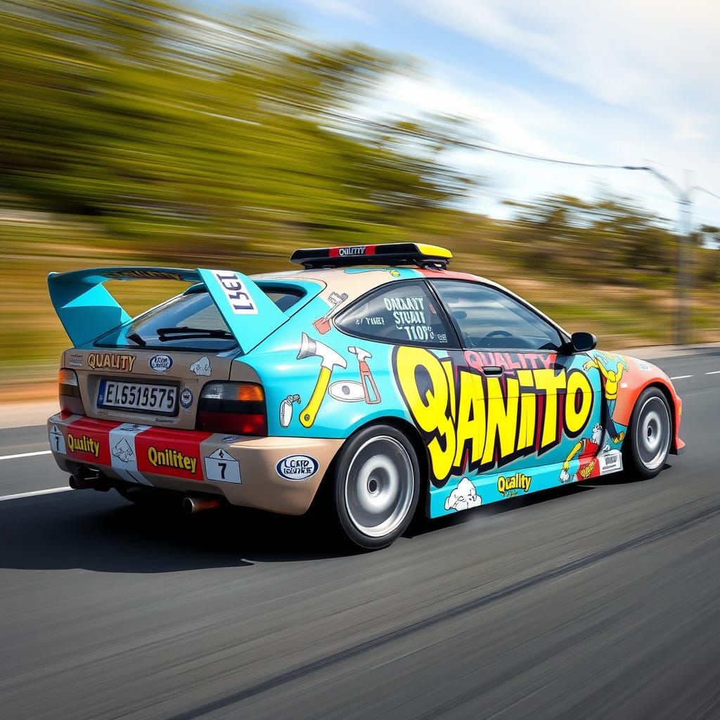 Rally car wrapped in "quality janitor" artwork