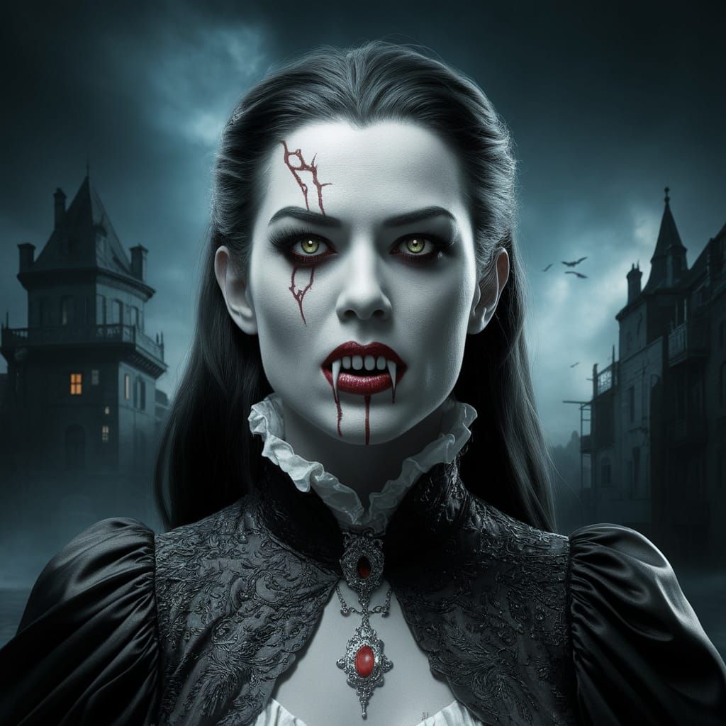 Modern Vampire Goddess in Hyper Realistic Castle Setting