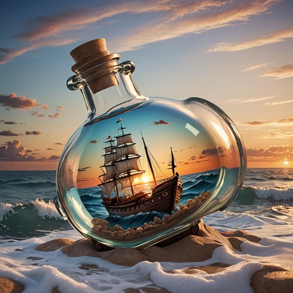 Ship in a Bottle at Sunset Over the Ocean