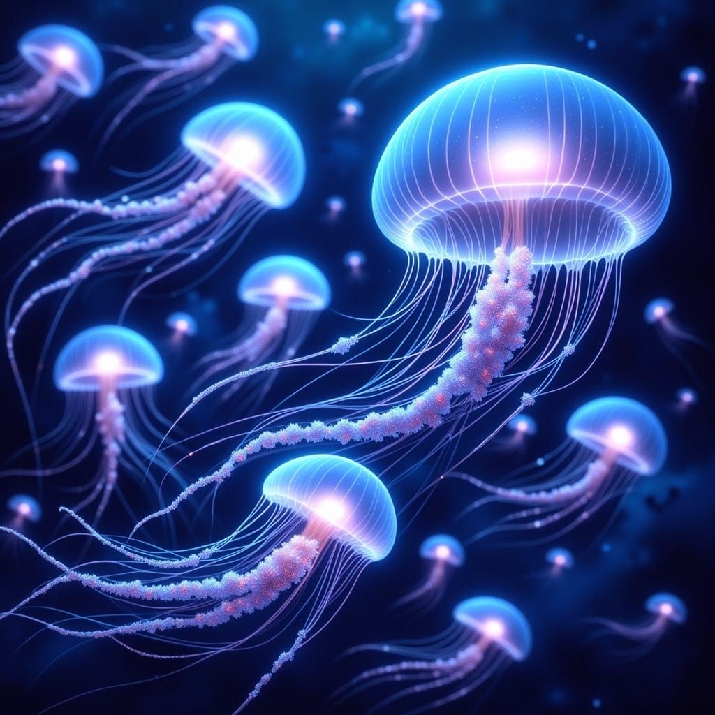 Ethereal Luminescent Jellyfish Swarm in a Dreamlike Atmosphe...