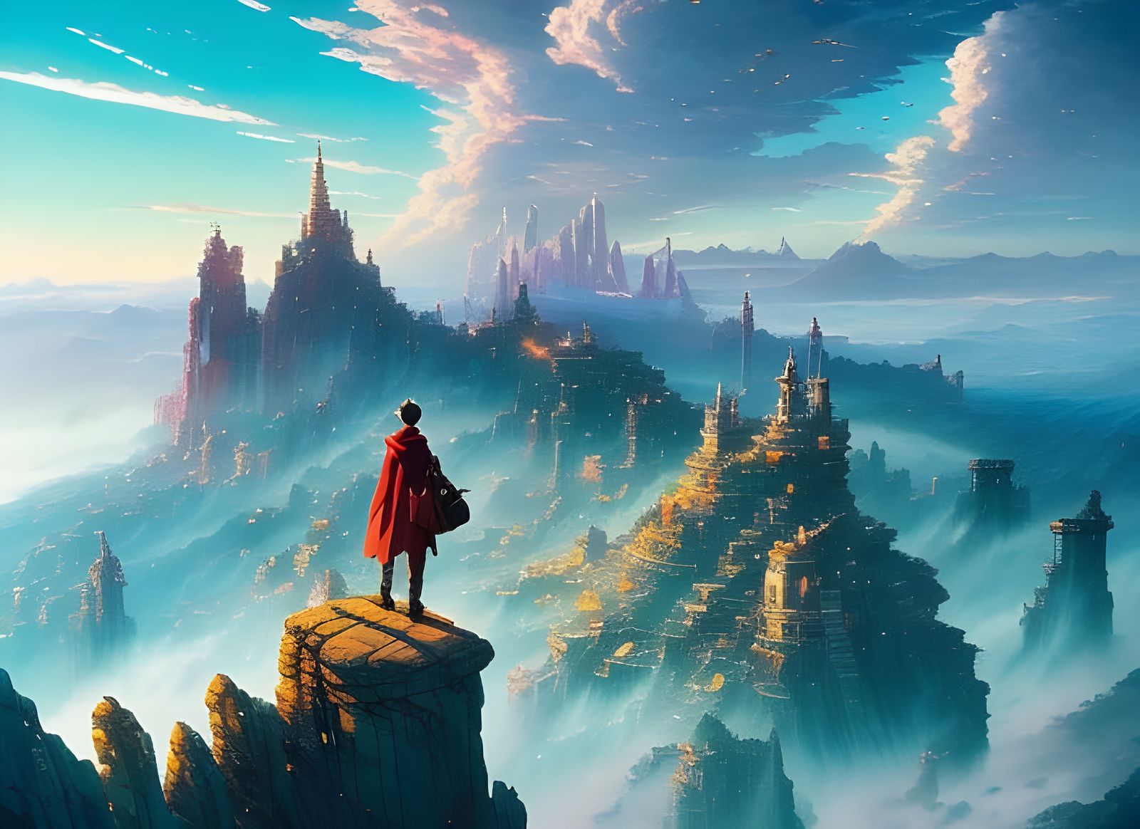 Epic Fantasy City Cliffside Traveller: Digital Art