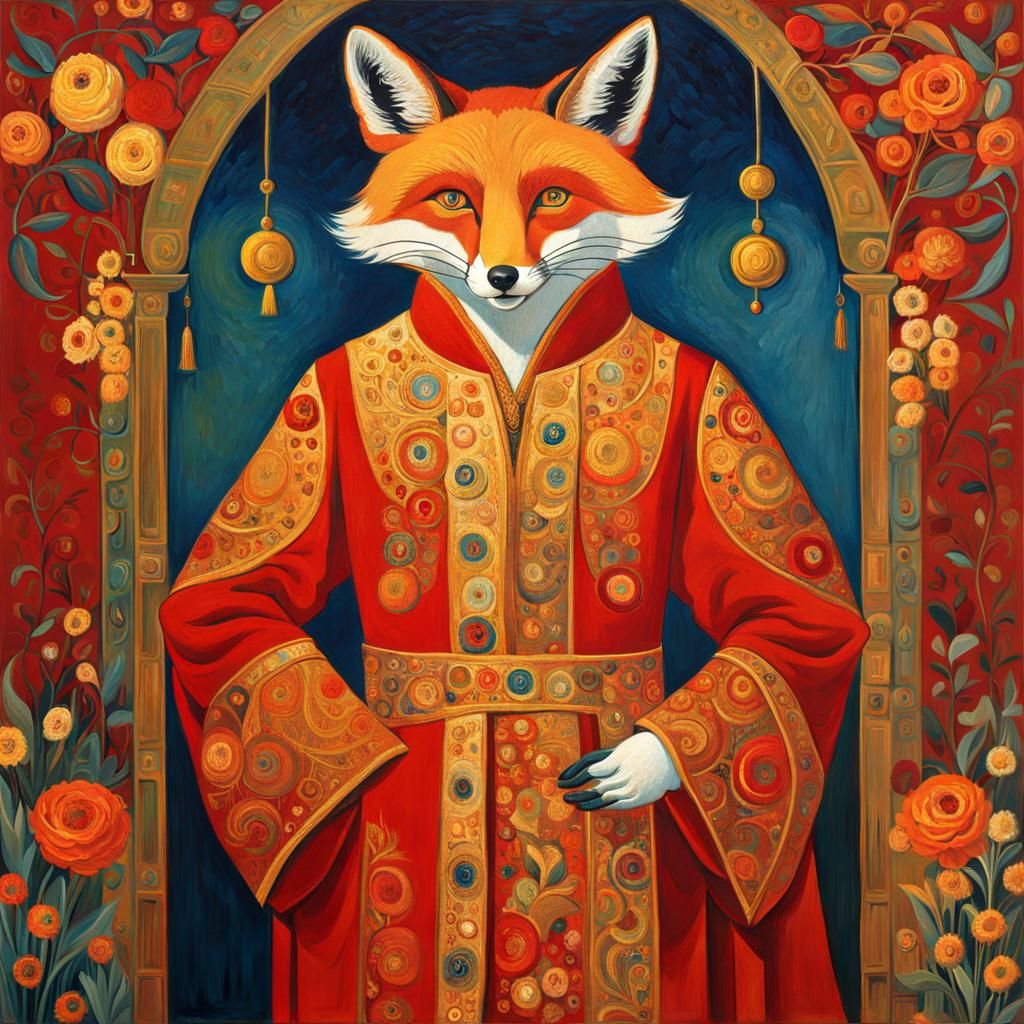 Humanoid Fox in Red Robe: Van Gogh and Modigliani Style