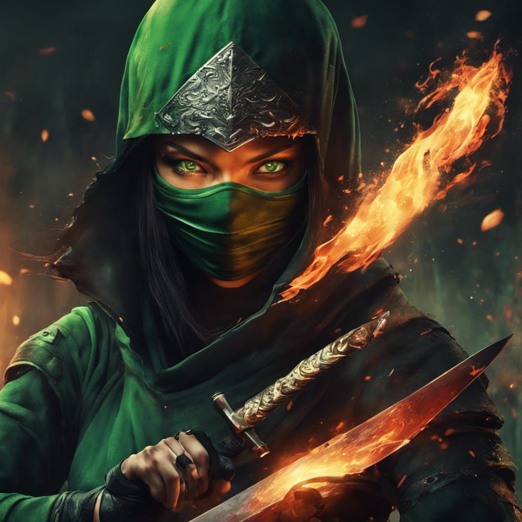 Female Ninja Assassin with Flaming Sword