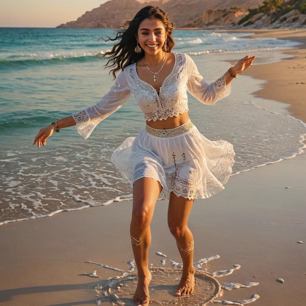 A happy Middle Eastern woman wearing a short white skirt dancing Barefoot on the beach