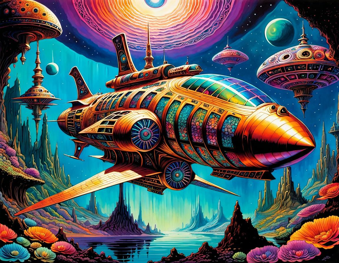 Vibrant Sunken Spaceship in Psychedelic Colors