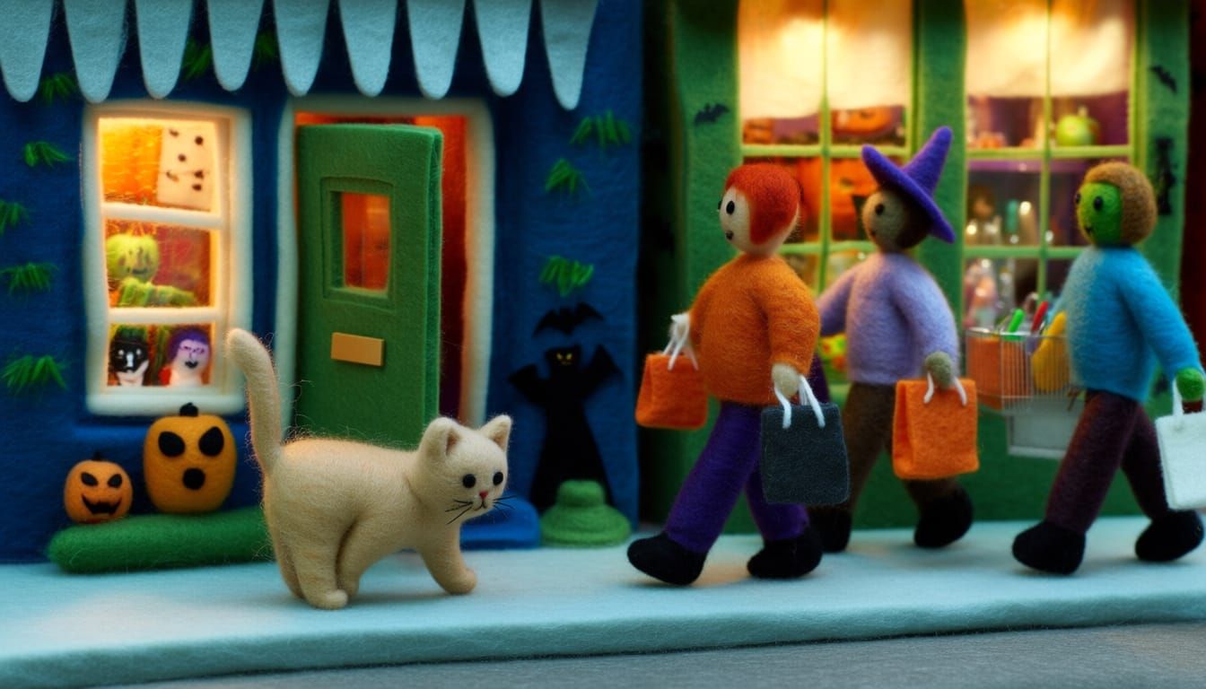 Needle Felted Cat in Halloween Town