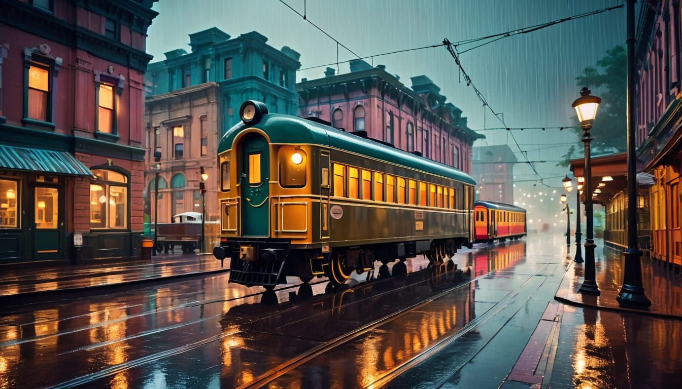 Vintage Train Under Rainy Night Sky in Quaint Colorful Town