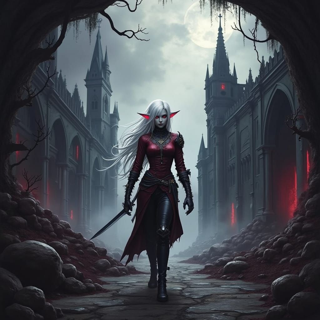 Drow Elf Lost in Gothic City, Dark Fantasy Art