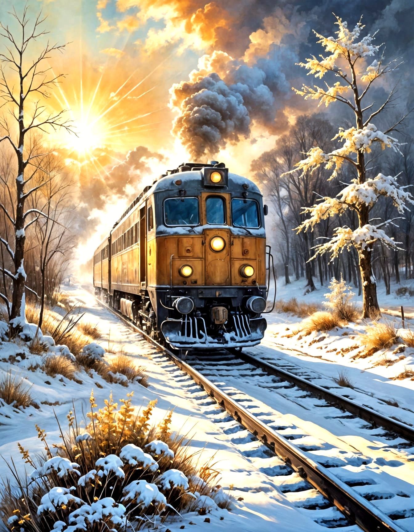 Vintage Train in Snowy Sunrise Landscape