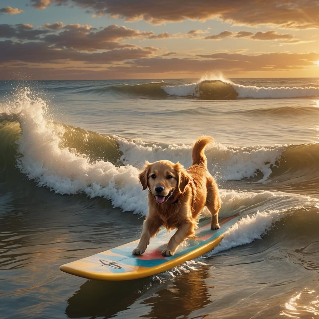 Golden Retriever Puppy Surfing at Sunset: Hyperrealistic Art
