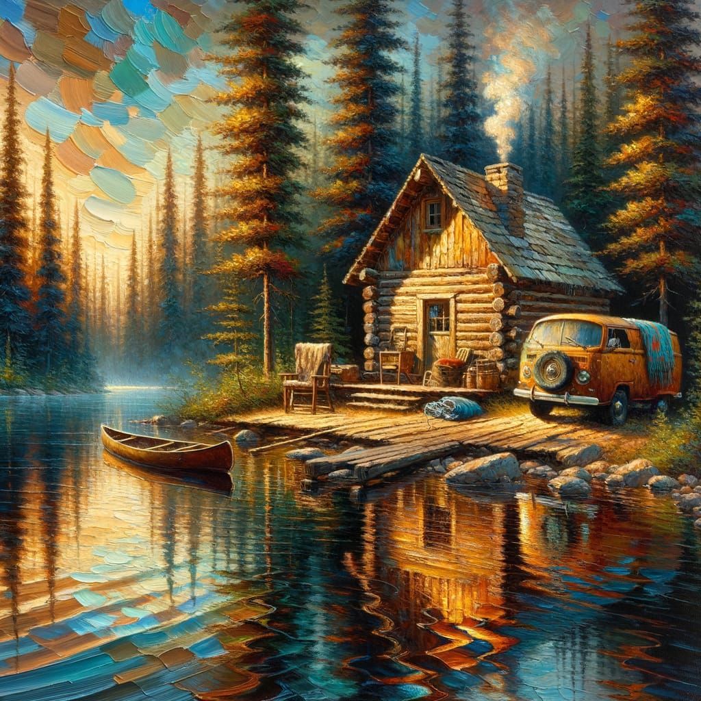 Tranquil Log Cabin Scene in Oil Painting Style