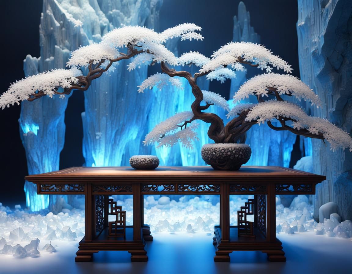Miracle Crystal Cave with Cherry Bonsai, 3D Render