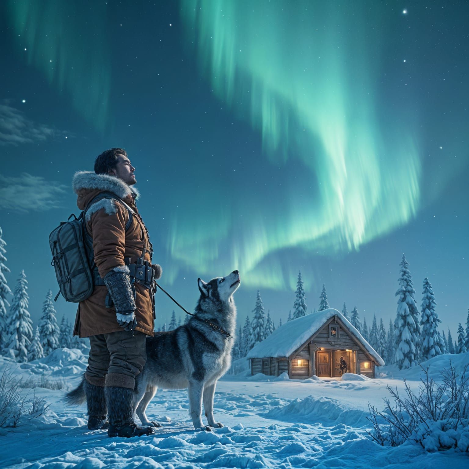 Inuit Hunter in Frosty Northern Lights Scene