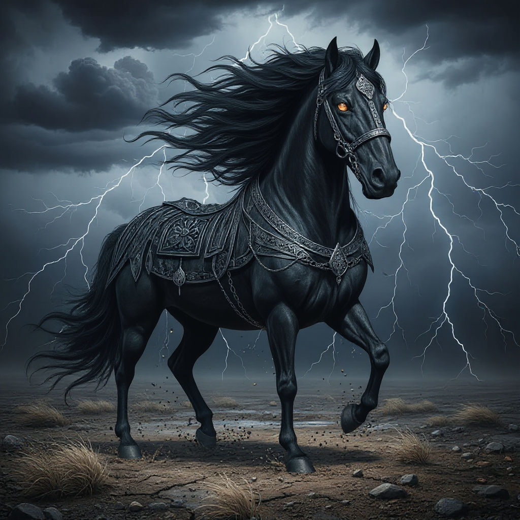 Baroque Horse Adorned in Gothic Armor Amidst Stormy Twilight