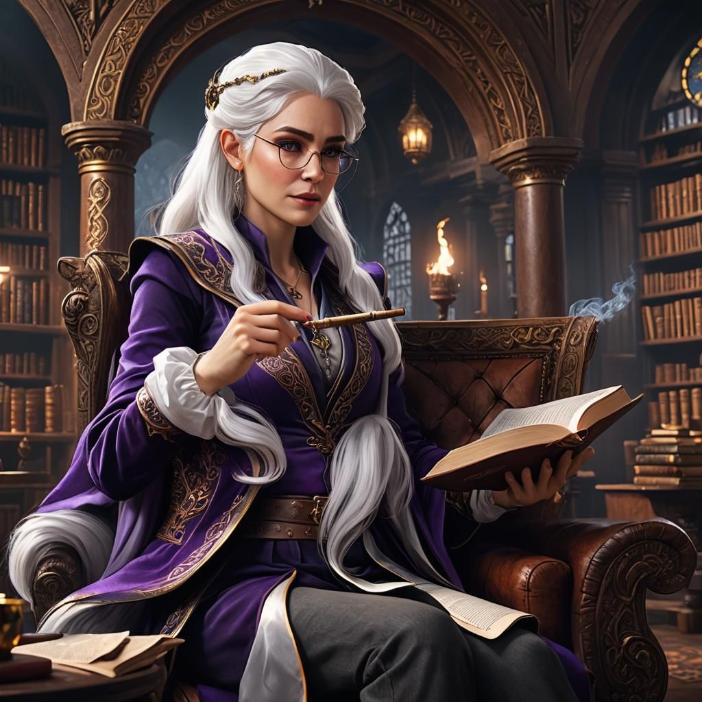 Shadar-Kai Librarian in a Fantasy Lounge