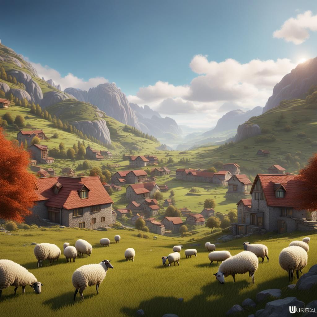 Valley Village with Grazing Sheep, Fantasy Art