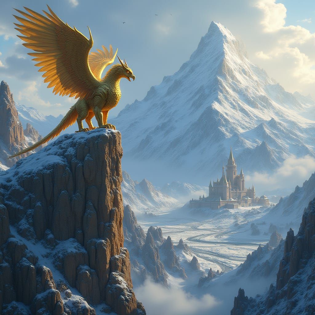 Golden Griffin Overlooking Mystical Kingdom