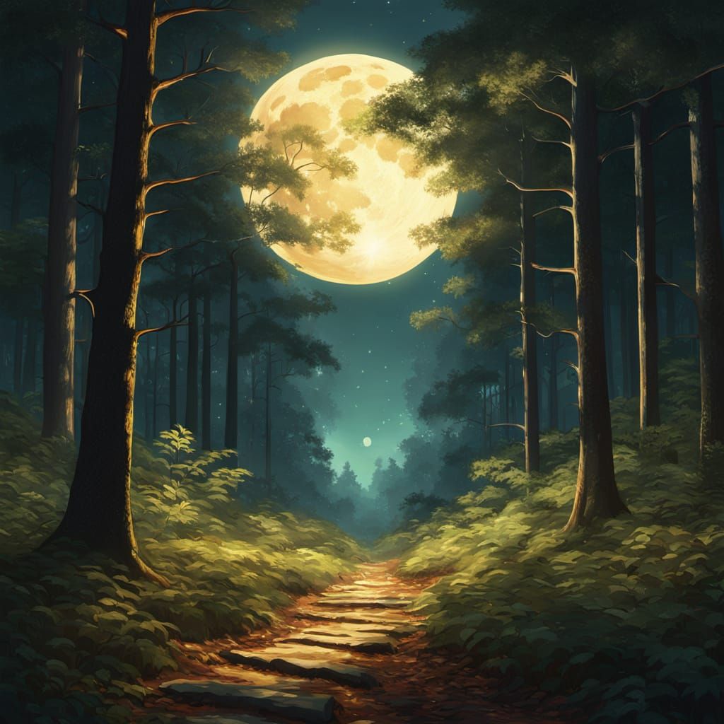 Giant Moon Illuminates Forest: a Digital Oil Painting