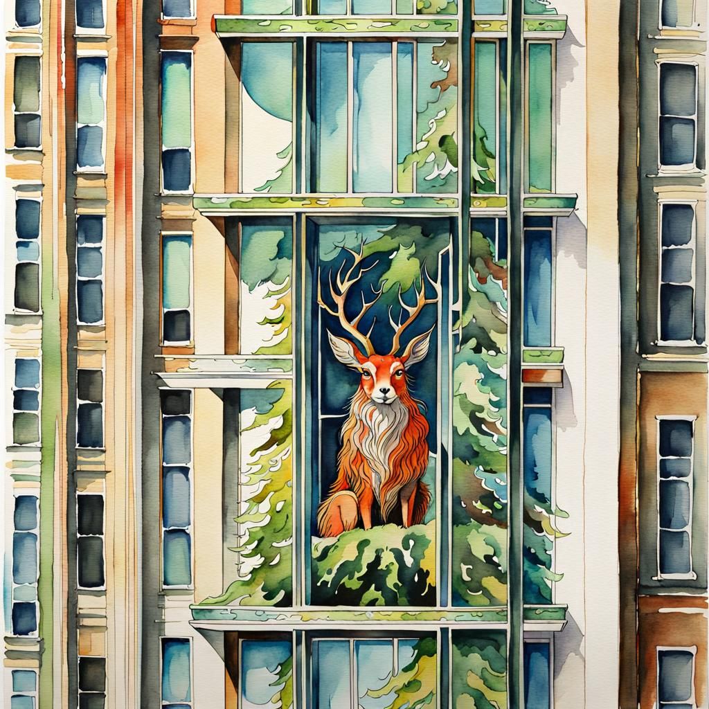 Watercolor Forest Spirit in High-Rise Office