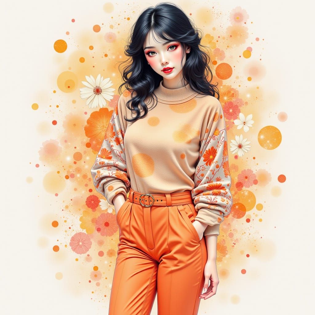 Modern Japanese Woman Embraces Fox Companion in Watercolor