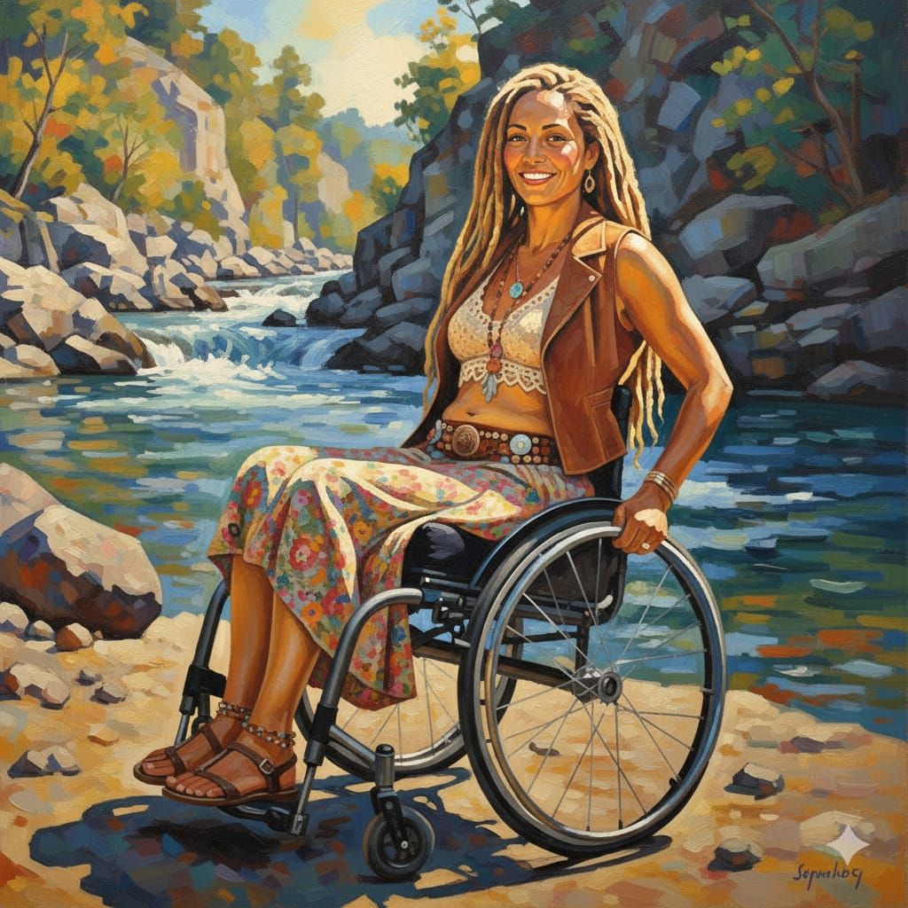 Paraplegic Woman Enjoys Sunny Day by River