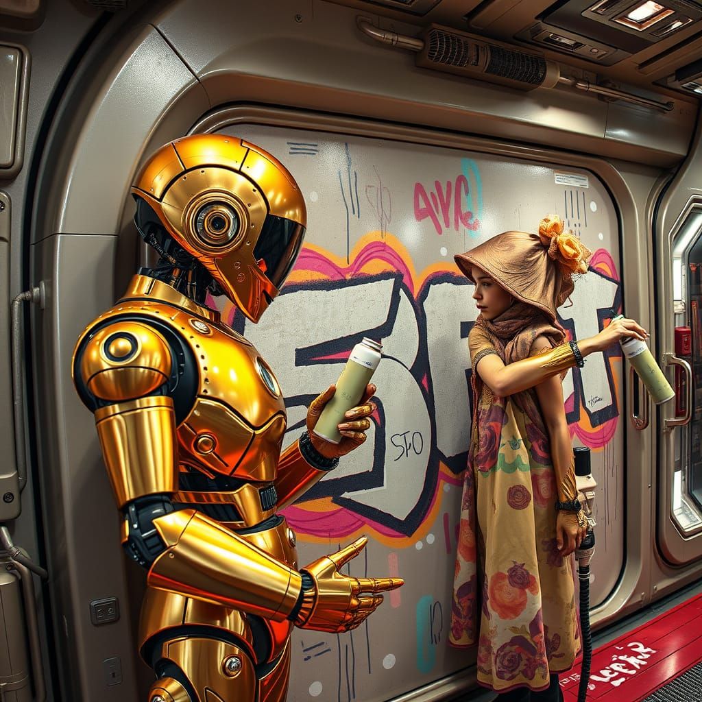 Golden Robotess and Young Street Artist Paint Futuristic Spa...