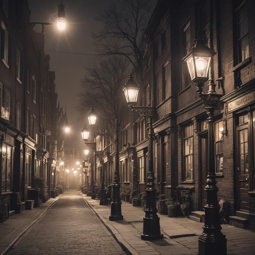 Victorian Steampunk Street Scene with Gas Lamps