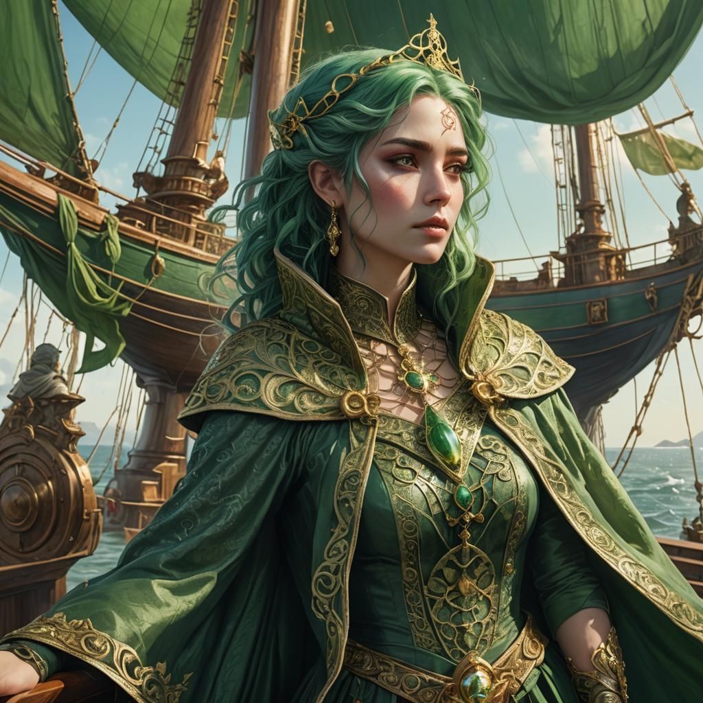 Green-Skinned Woman on Ship, Fantasy Concept Art