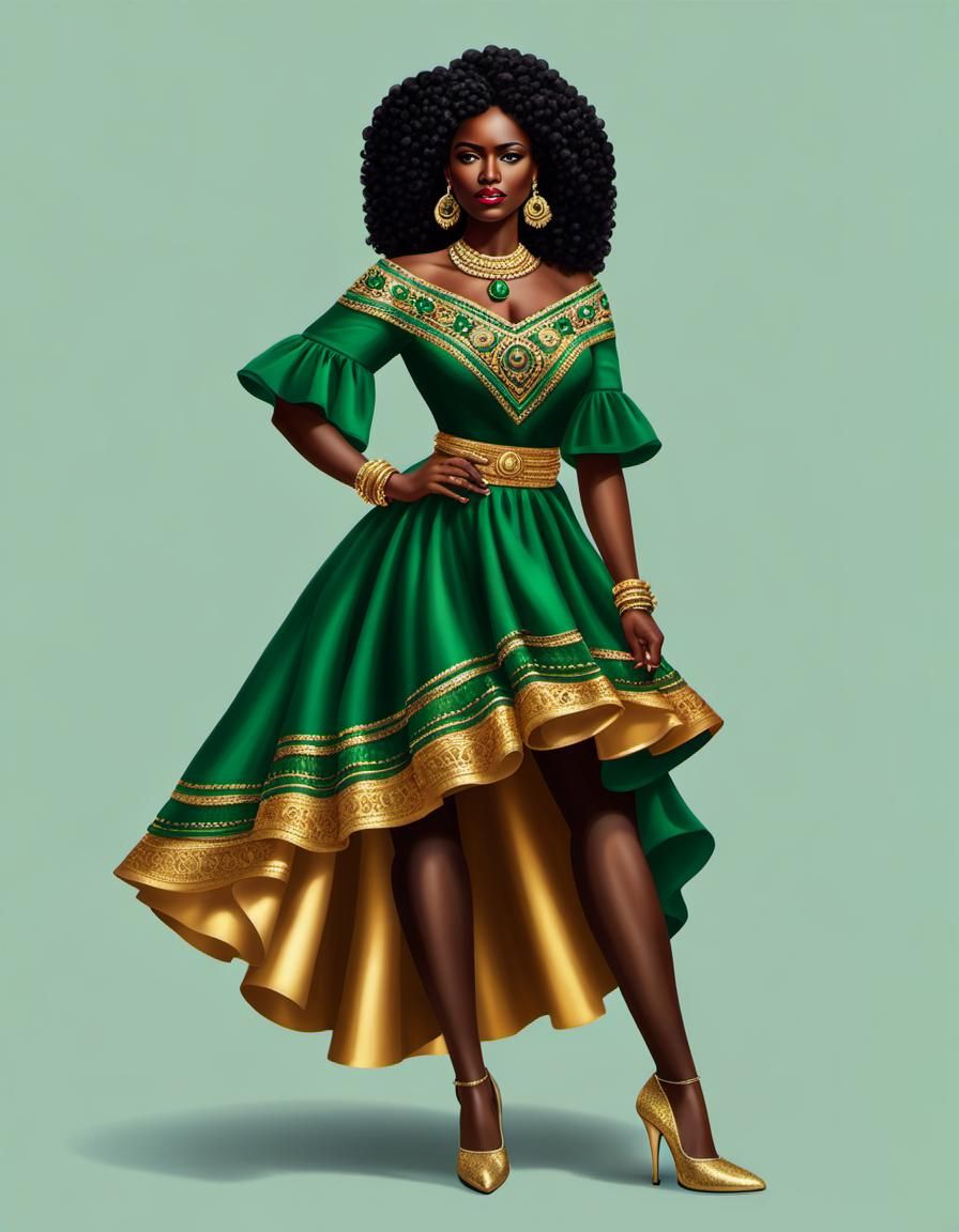 Colombian Woman in Emerald and Gold, Hyperrealistic Image