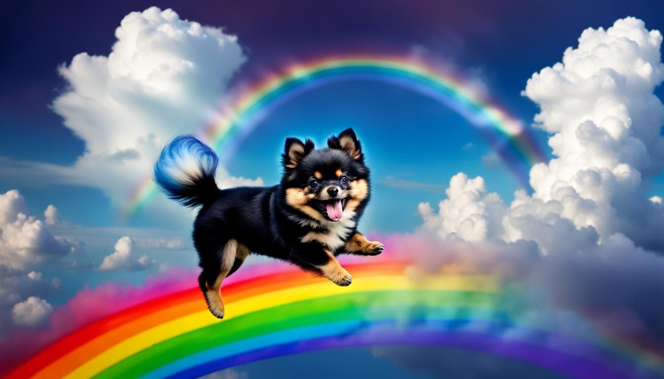 Playful Pomeranian Puppy Jumps on Rainbow