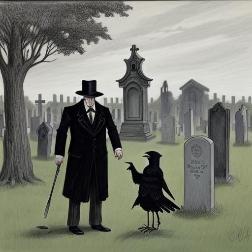 Undertaker and Crow in Cemetery: Gorey-Style Drawing